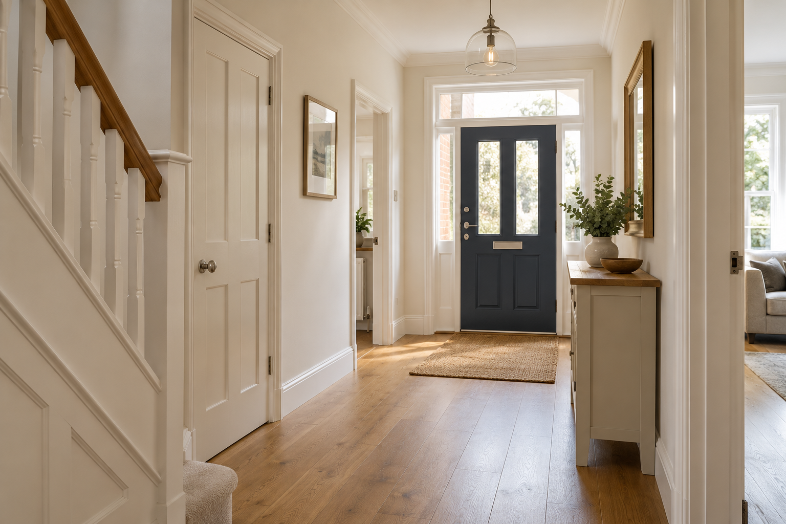 Illustrative home interior showing painted walls, timber joinery and a carefully finished hallway